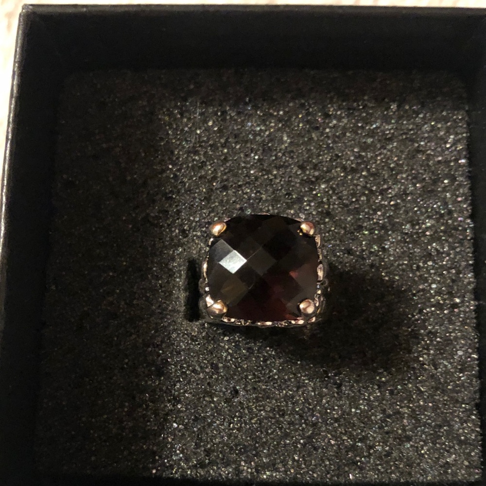 Faceted Smokey Topaz Cushion Ring in Silver and Gold Tone Size 6